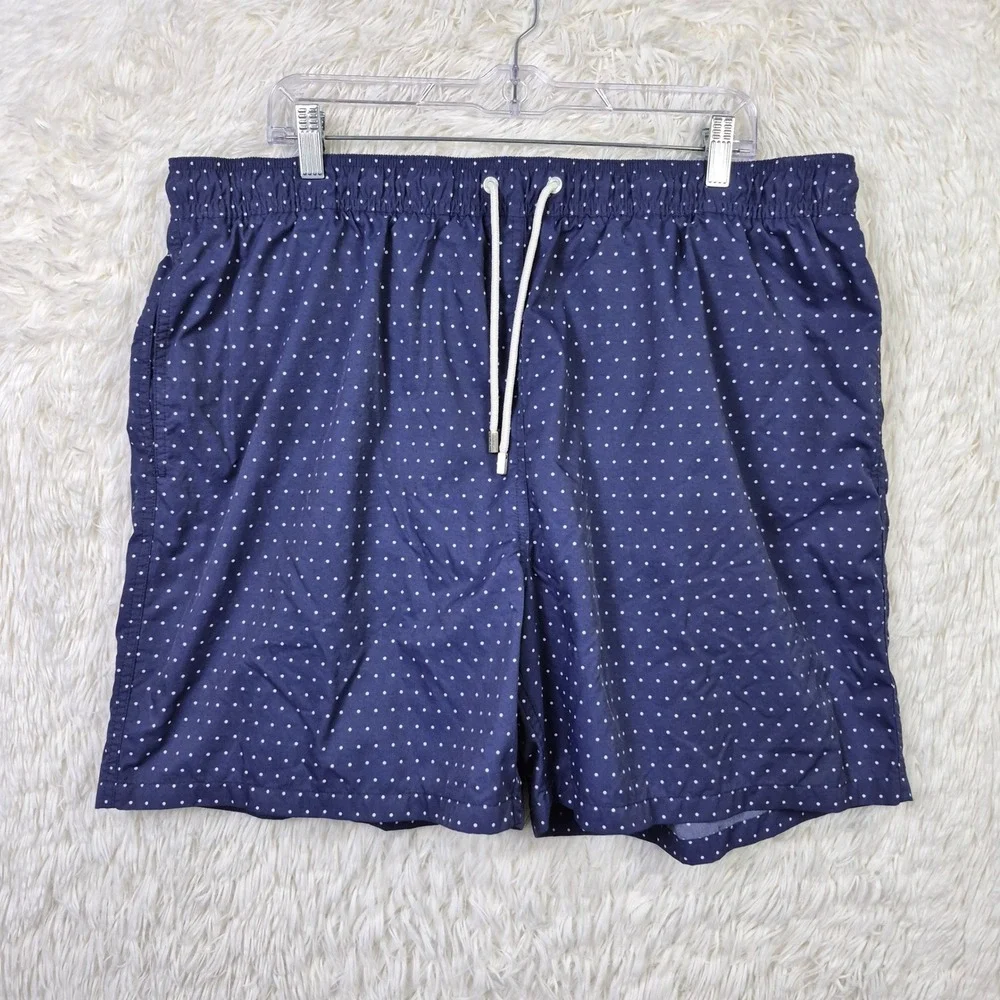 Brooks Brothers Mens XXL Navy Blue Polka Dot Swim Trunks Mesh Lined Board Shorts